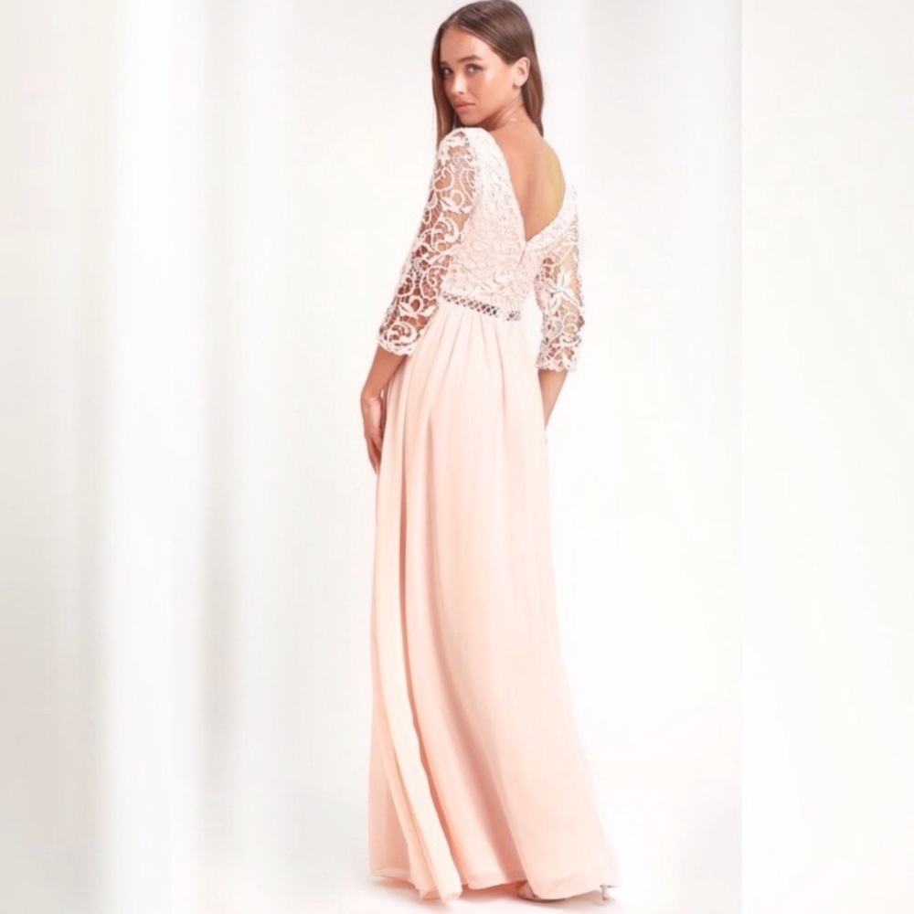 Lulu’s Avalynn blush pink lace bridesmaid maxi
